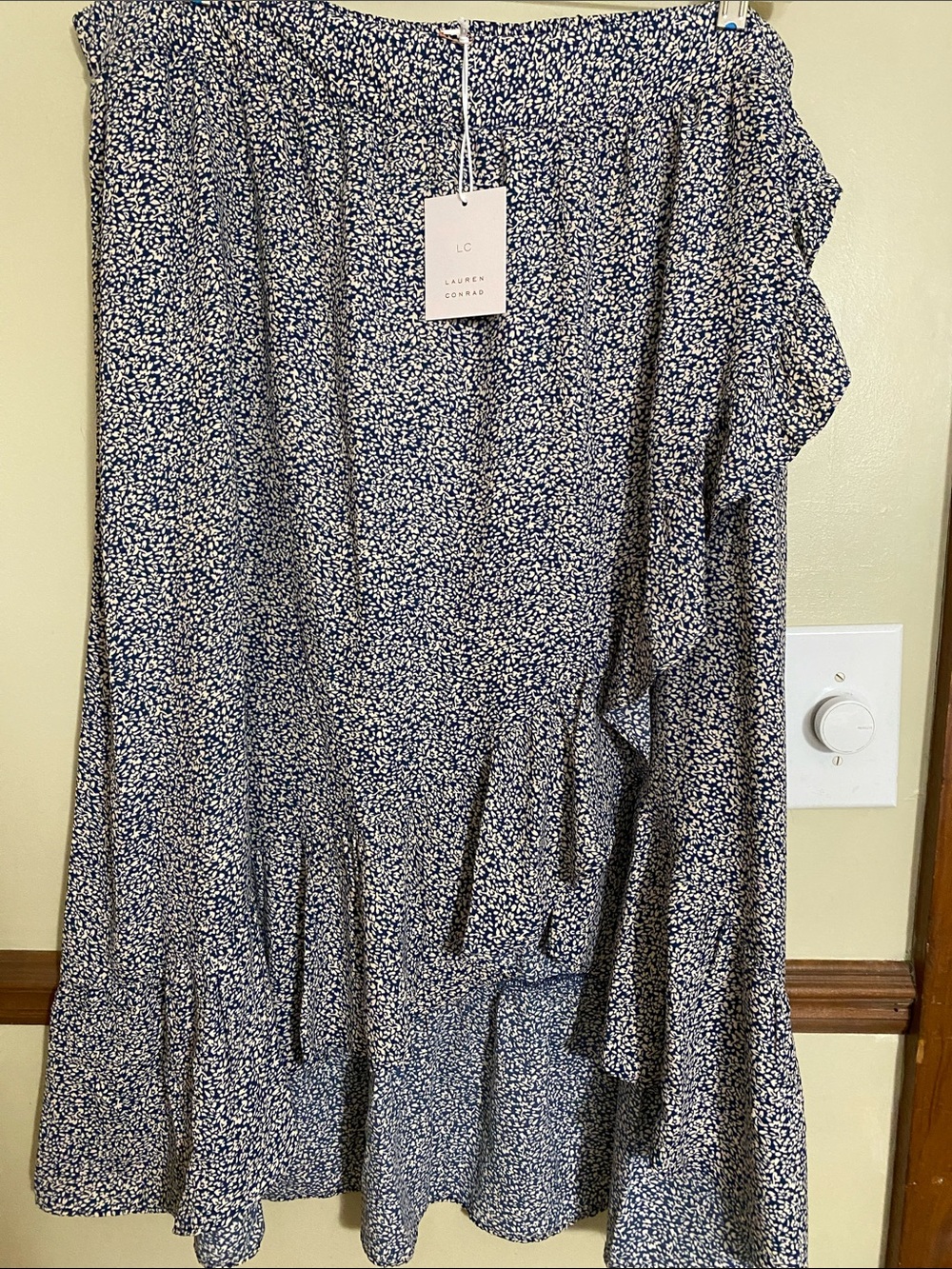 LC Lauren Conrad Navy and White Floral Ruffle Midi Skirt